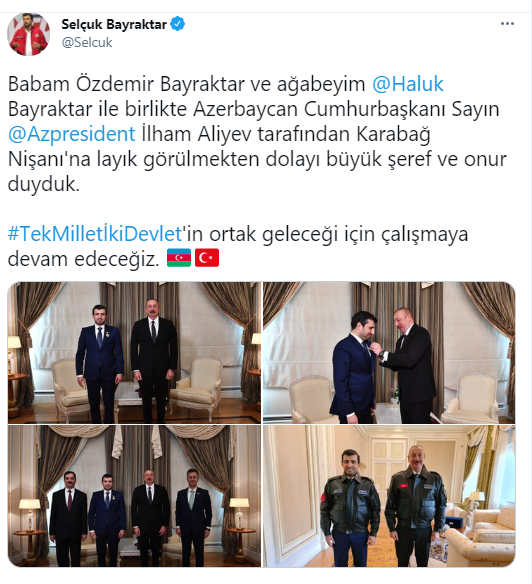 Aliyev'den Bayraktar'lara Karabağ Nişanı